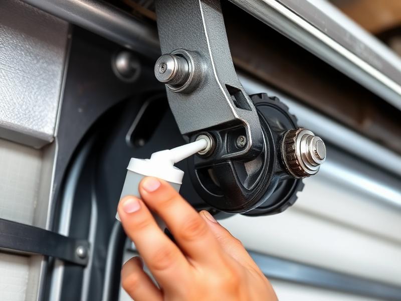 Garage door chain drive mechanism being lubricated during maintenance