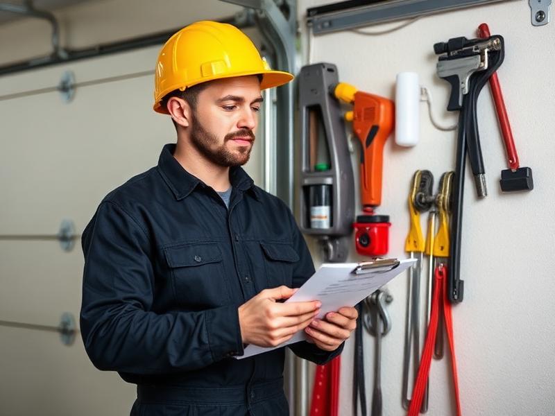 Technician reviewing garage door repair estimate on clipboard