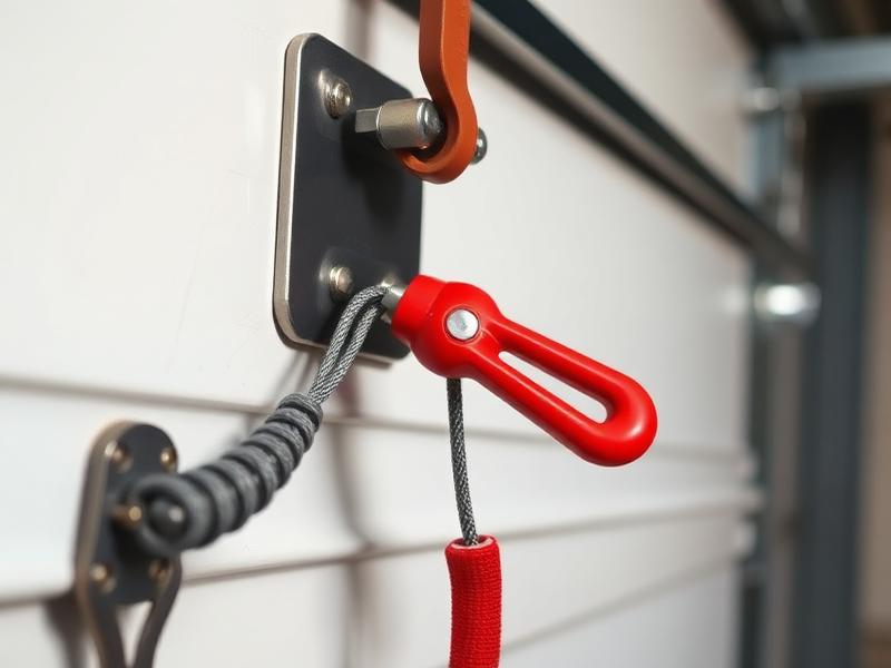 Close-up of garage door manual release mechanism with red emergency handle