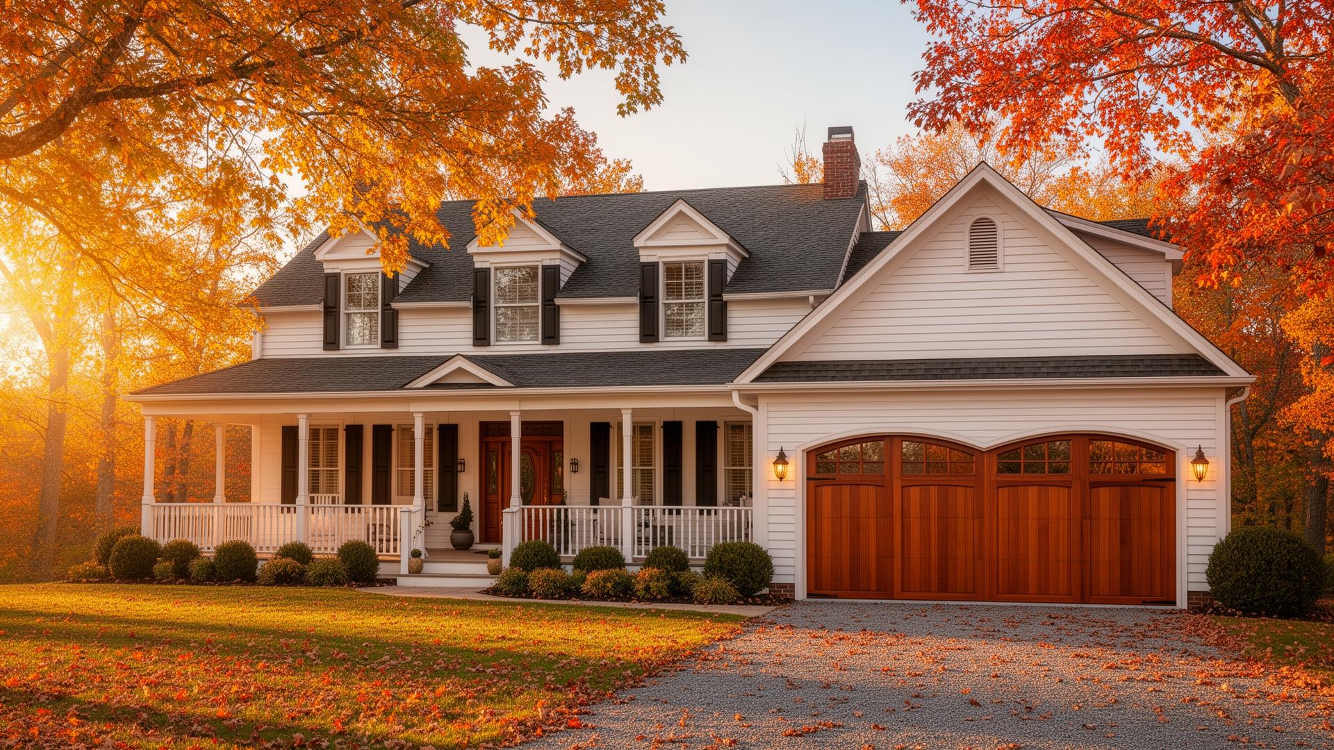 Classic farmhouse with elegant mahogany wood garage doors in autumn setting