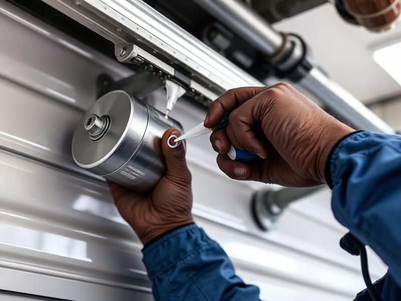 Technician performing garage door maintenance and lubrication