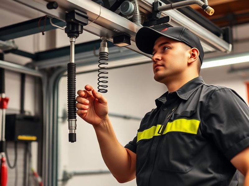 Garage door repair technician performing balance testing